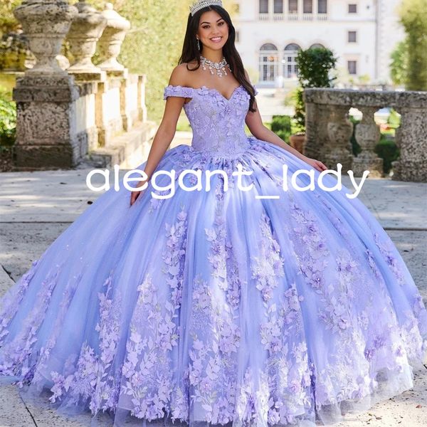 

lavender lilac quinceanera dresses off shoulder 3d flowers applique lace-up corset sweet 15 16 prom dress birthday party wear, Blue;red