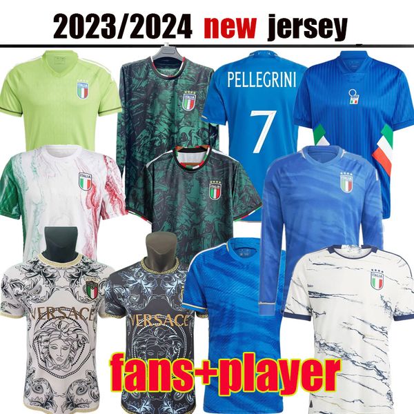 

2023 italy soccer jerseys player version maglie da calcio long sleeve pellegrini chiesa barella italia 23 24 football shirts t women men set, Black;yellow