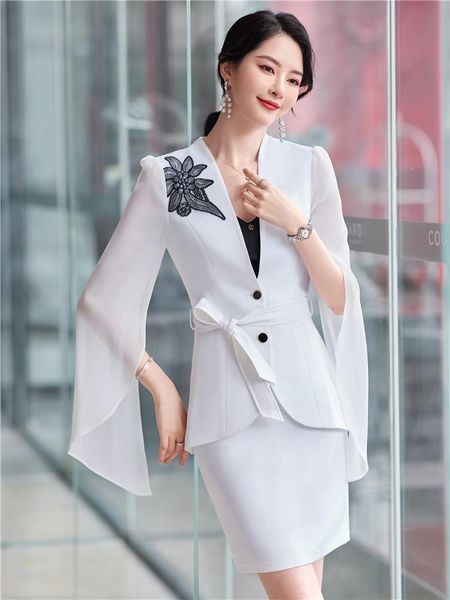 

pants elegant blazer skirt suit women shawl collar split sleeve new women's spring office lady 2 pieces sets for party dinner workwear, White