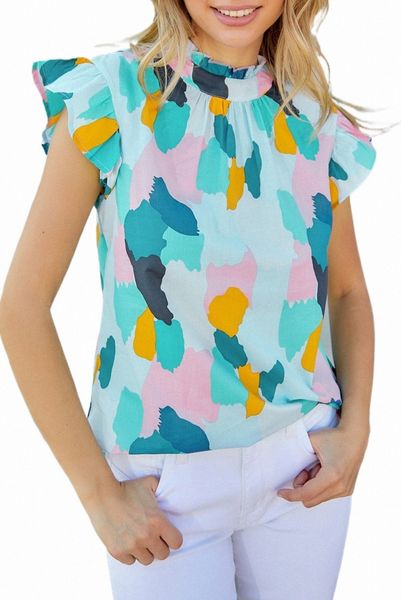 

green ruffle cap sleeve frill mock neck printed s6bj#, White