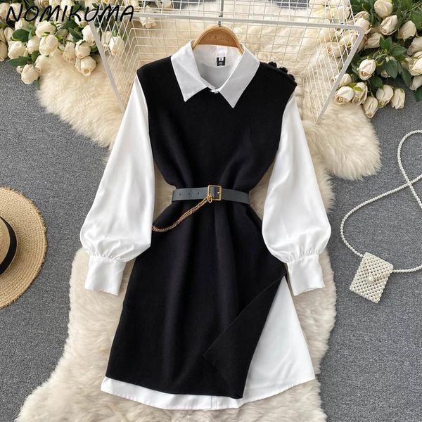 

dress nomikuma elegant two pieces dress sets long sleeve blouse dresses + knitted sleeveless vest korean belt slim waist suits 6v908, White