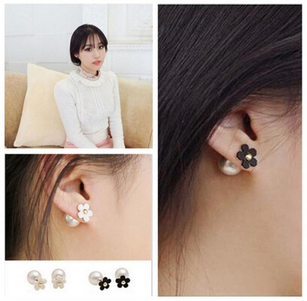 

selling new charm paragraph earrings 2015 double side shining pearl flower stud earrings big pearl earrings for women6221195, Golden;silver