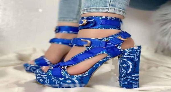 

sandals cute bandana print high heels platform shoes for women summer ladies chunky heeled ankle strap pumps2004613, Black