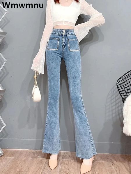 

women's jeans korean elegant pearl slim flare jeans women casual stretch denim pants streetwear high waist vaqueros chic jeansy pantalo, Blue