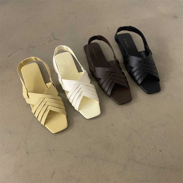 

new roman women's summer 2022 square head cross woven flat bottom hollow open toe beach sandals tide, Black
