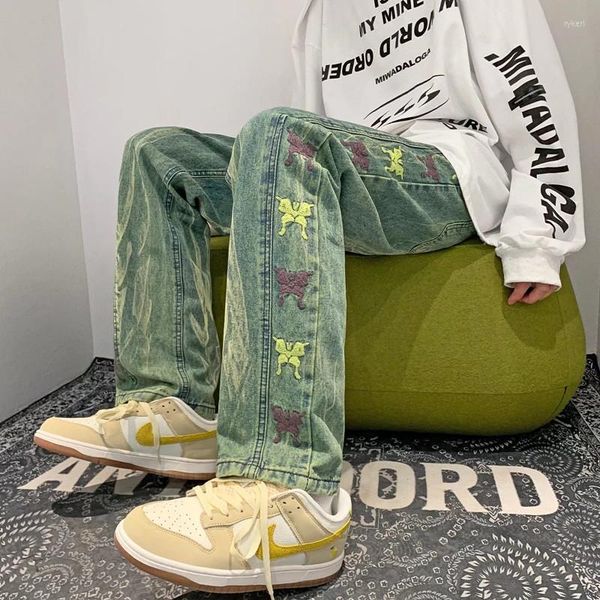 

men's jeans 2023 kpop butterfly embroidery vintage green baggy men pants y2k clothes straight casual women denim trousers ropa hombre, Blue