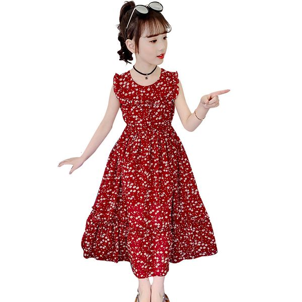 

girl's dresses girls summer dress floral print beach dress for girls sleeveless o neck dress kids teenage girls clothes 6 8 10 12 14 23, Red;yellow