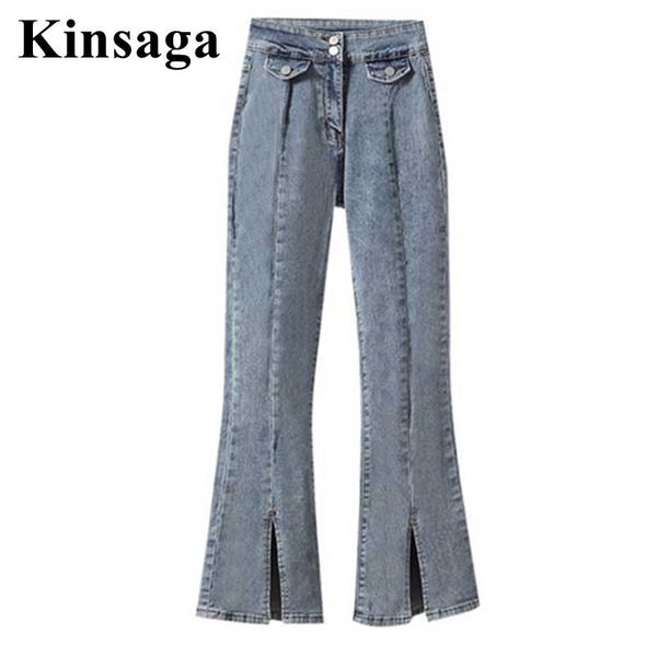 

jeans women indie front cut slit striped stiching flare jeans 4xl stretchy skinny light blue patchwork pocket long denim bell bottoms