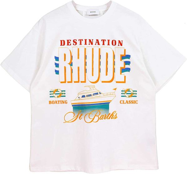 

rhude shirt summer fashion cotton mens t-shirt t yacht printed hip-hop loose casual couples with short-sleeved shirts, White;black