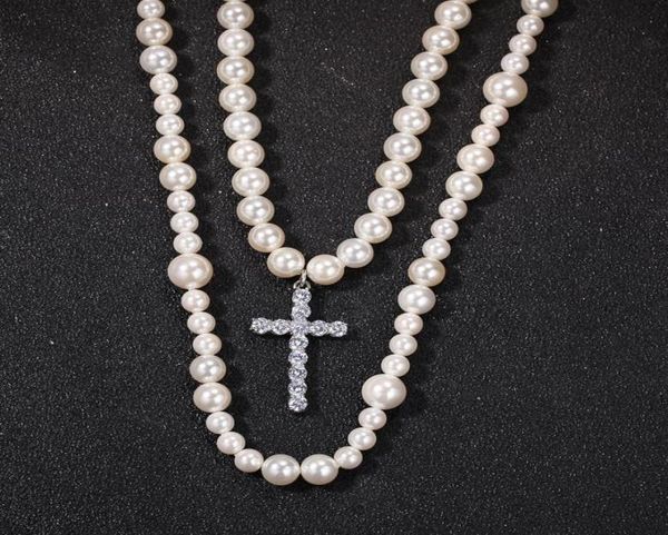 

cross pendant double pearl necklace sethiphop fashion neckalces810mm mix pearl cross pendant necklace nns13152691804, Silver