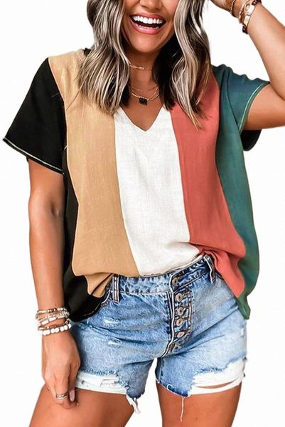 

multicolor colorblock v neck short sleeve h9ki#, White