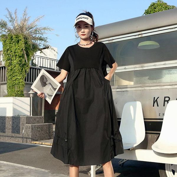 

dresses 220432 hit color fake twopiece summer strap 2022 new loose kneelength short sleeve round neck drawstring casual loose dress, Black;gray