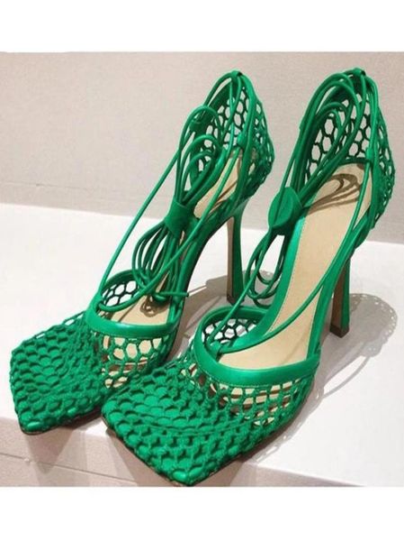 

runway net mesh thin high heel sandals women square toe ankle strappy gladiator sandalias summer party nightclub shoes 20214677132, Black