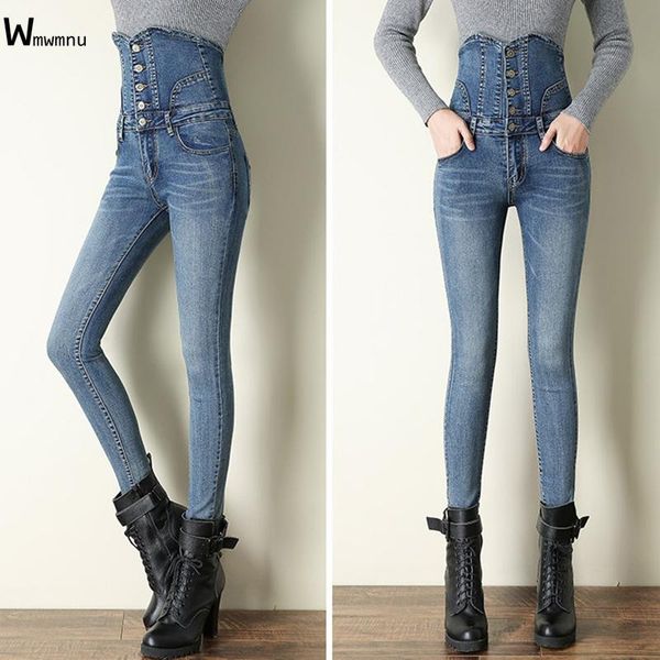 

jeans super high waist skinny pencil jeans women streetwear button fly denim pants korean stretch vaqueros big size 36 pantalones, Blue
