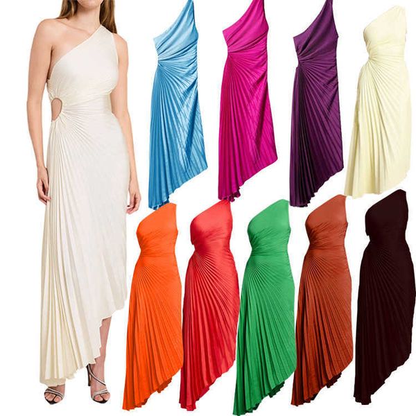 

women's new one shoulder oblique neck pleated hollow out dress, White