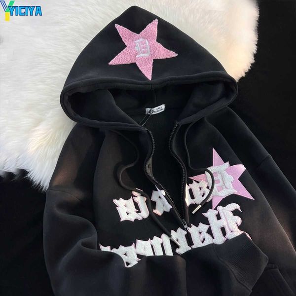 

yiciya women's hoodies sweatshirts y2k star embroidery cardigan zipper sweatshirt men women new harajuku punk goth couple oversize jack, Black
