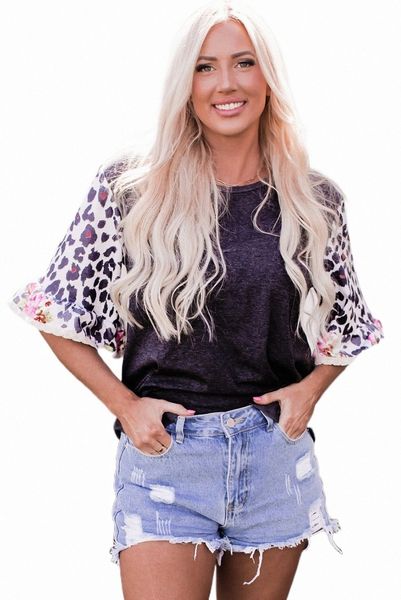 

black ruffle bell sleeve leopard floral patchwork k7io#, White