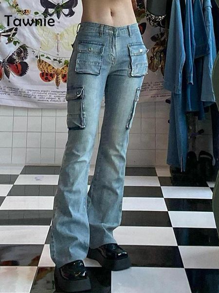 

jeans tawnie 2022 spring summer y2k flare jeans women aesthetic casual low waisted cargo pants retro vintage trousers streetwear, Blue