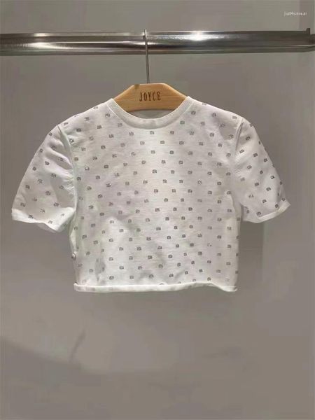 

women's exposed navel drill t-shirt knitted round neck slim elastic high waist short sleeve top, White