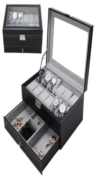 

watch boxes cases professional 12 grids slots watches storage box pu leather double layers jewelry case holder black brown caske5293988, Black;blue