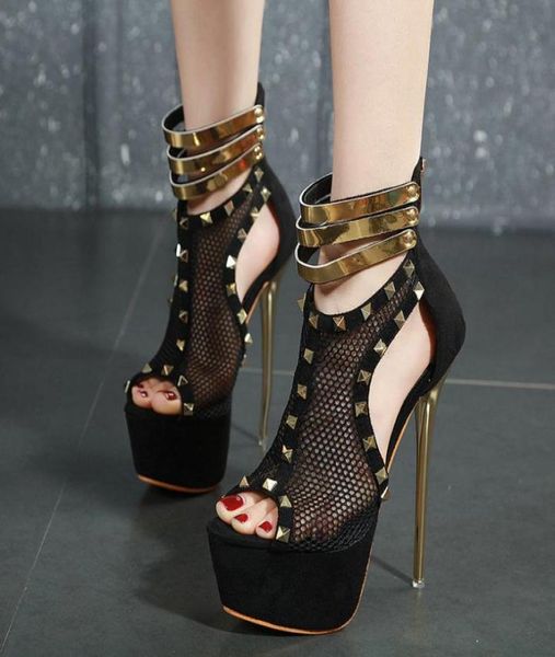 

women039s high heel summer women039s shoes super high heel 17cm women039s high heels rivet hollow mesh roman sandals5986945, Black