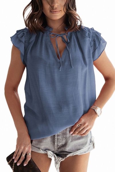 

blue tiered ruffled drawstring v neck 2023 new m9q2#, White