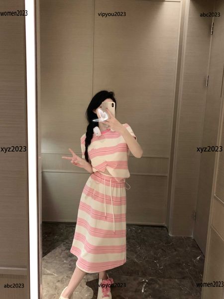 

luxury designer dresses for woman two piece dress size s-l logo embroidered striped short sleeves and lace up skirt new arrival, White