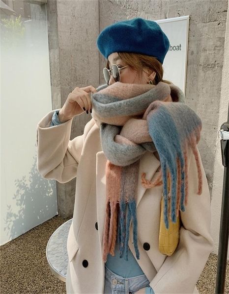 

scarves winter cashmere plaid tassels shawl love thick braid rainbow color matching scarf women 2209149929677, Blue;gray