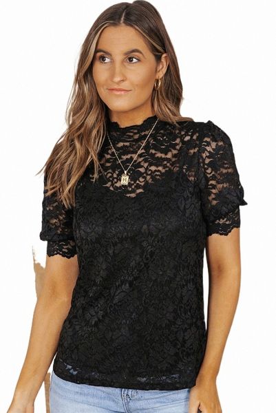 

black high neck lace short sleeve 2023 new o7eq#, White