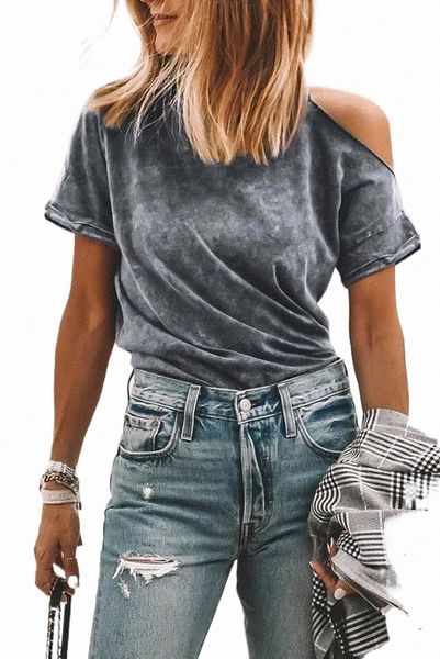 

gray vintage asymmetric cold shoulder t-shirt z68h#, White