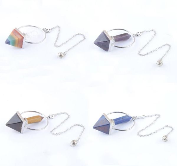 

dowsing pendulum divination pendants natural stone hexagonal prism pyramid amethyst tigers eye obsidian crystal lapis lazuli chain4270394, Silver