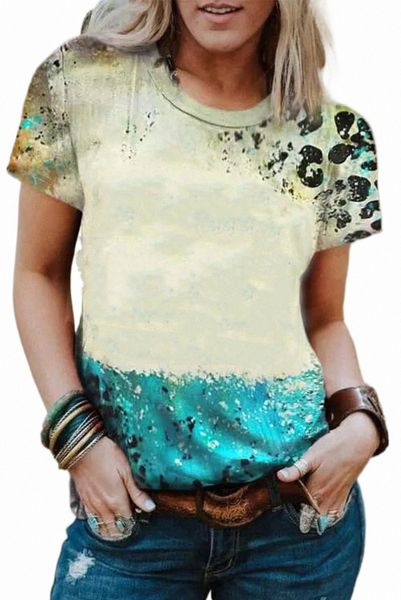 

sky blue leopard tie-dye bleached t-shirt 2023 new h8au#, White