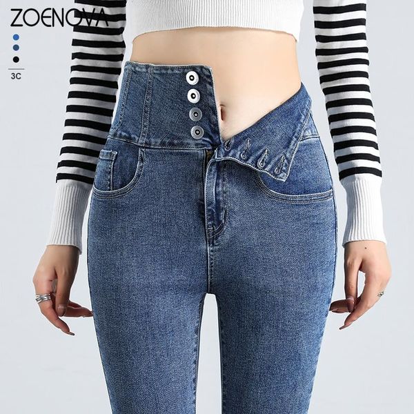 

jeans zoenova vintage skinny four buttons pencil jeans women high waist slim fit stretch denim pants full length denim tight trousers, Blue