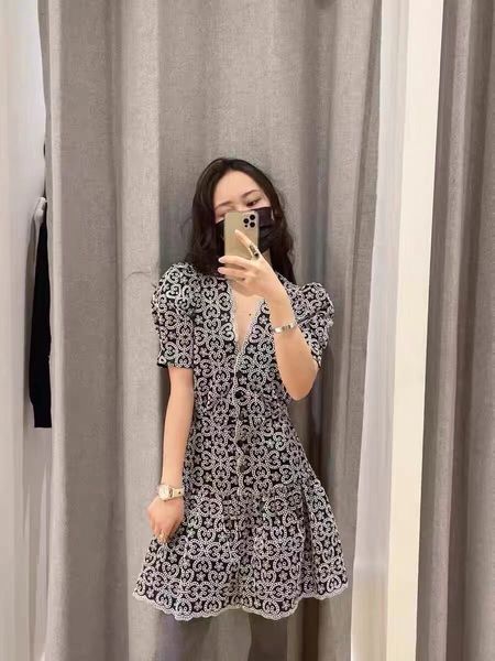 

23-sand-ro french style dress v-neck frill sleeves fitted dress for women dark black, Black;gray