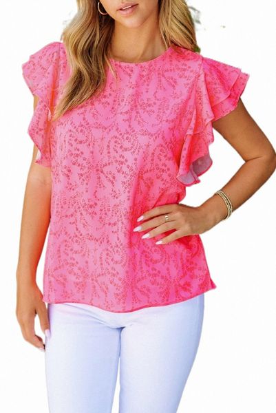 

pink floral ruffle short sleeve tee 2023 new v00i#, White