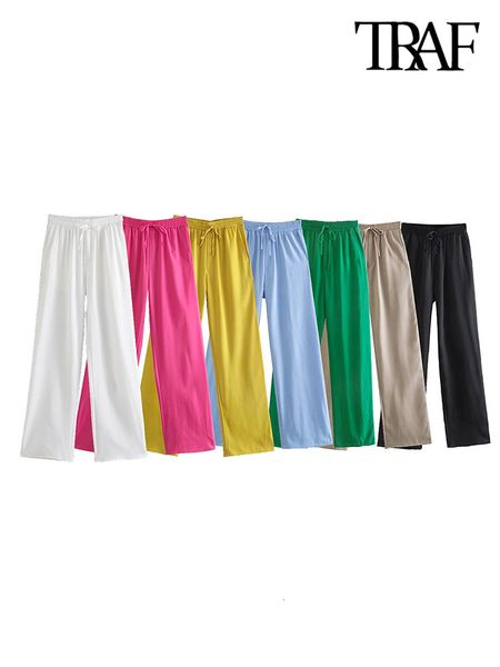 

womens two piece pants traf women chic fashion side pockets loose wide leg vintage high elastic waist drawstring female trousers mujer 23051, White