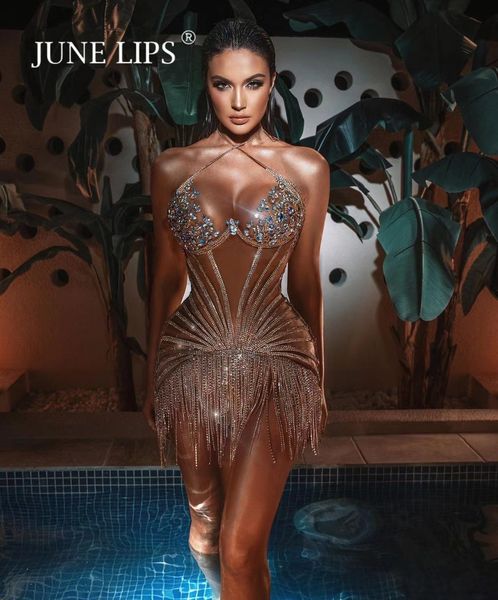 

basic casual dresses june lips women summer silver embellished crystals fringe bandage dress evening club party wholesale 230519, Black;gray