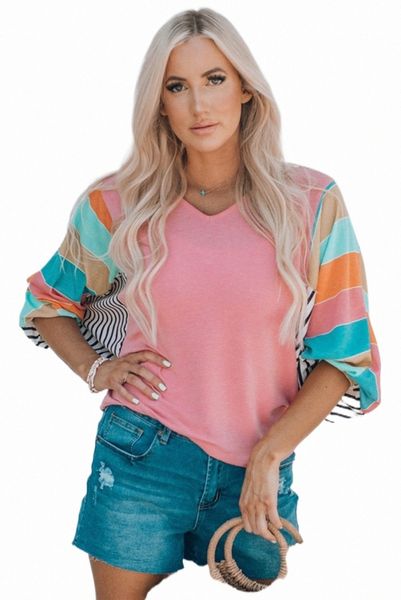 

pink stripe color block bubble sleeve 2023 new i0ee#, White