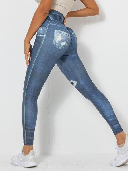 

leggings imitation jeans printing gym leggings hips push up pencil pants workout running leggings print yoga pants high waist pants, Black