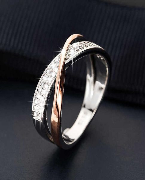 

classic two tone x crossing finger rings female fashion micro paved cz crystal rings women silver color wedding rings jewelry p0812383416
