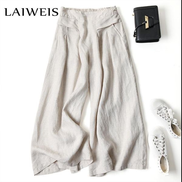 

capris laiweis summer cropped pants for women cotton linen wide leg pants femme arts style elastic waist solid casual loose pantalon, Black;white