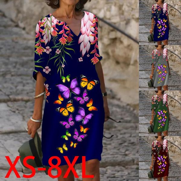 

dresses fashion elegant butterfly printed dress summer short sleeve women's dress vneck printed casual loose party dress plus size, Black;gray