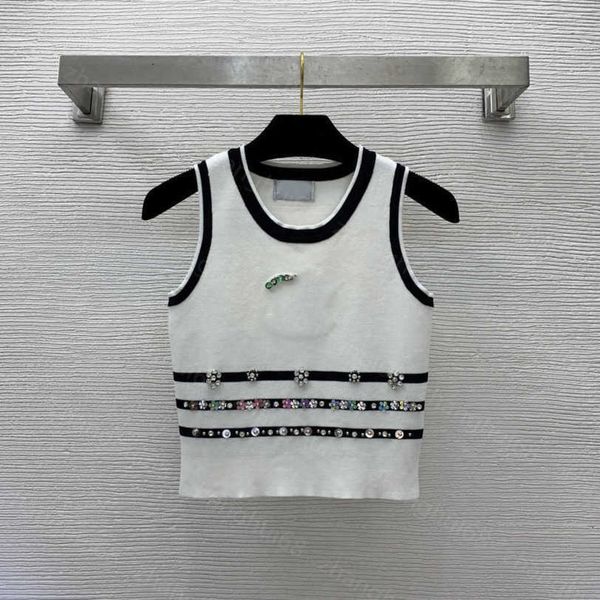 

23ss womens designer clothing womens knits heavy industry custom colored sequin nailed beaded diamond-encrusted logo striped knitted vest wo, White