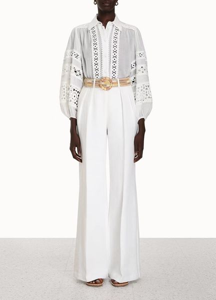 

2023 spring/summer women's two piece pantst european style fashion trend shirt wide leg pants, White