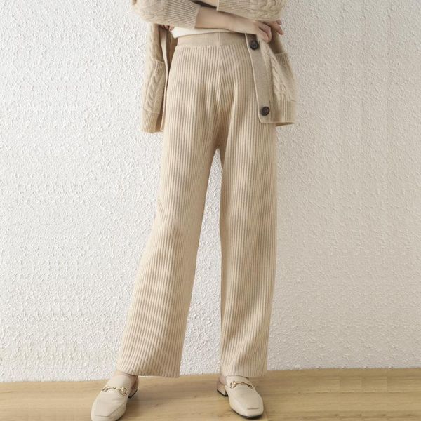 

capris stretch high waist loose striped fine imitation knitted wideleg pants women's 2021 fall/winter drape straight casual long pants, Black;white