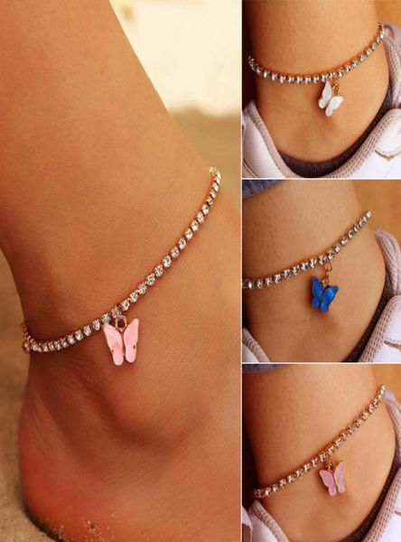 

sweet cute butterfly anklet rhinestone crystal ankle bracelet boho beach acrylic anklets for women sandals foot bracelets female j6218040, Red;blue