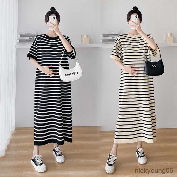 

2023 summer striped knitted maternity long dress casual loose straight clothes for pregnant women pregnancy ice cool r230519, White