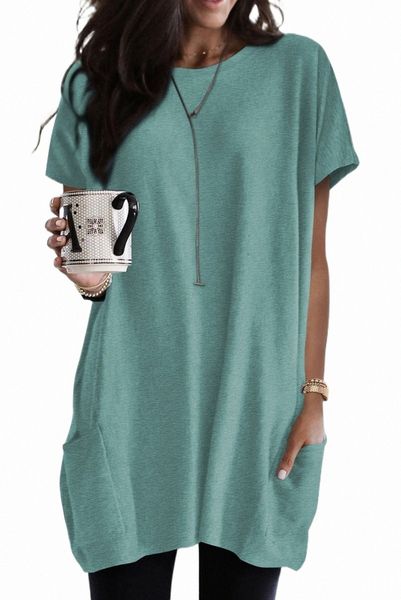 

light green side pockets short sleeve tunic a9hr#, White