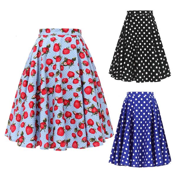 

capris summer fruit blue strawberry print tunic midi 50s 60s swing skirts high waist vintage pin up rockabilly women skirt 2022, Black;white
