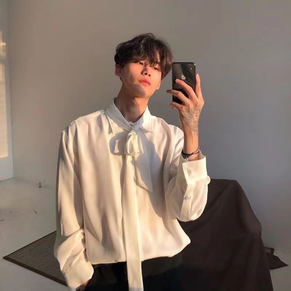 

men's casual shirts four seasons korean loose retro chiffon fabric bow tie shirt long sleeve nice clothes whiteblack color coats 23519, White;black